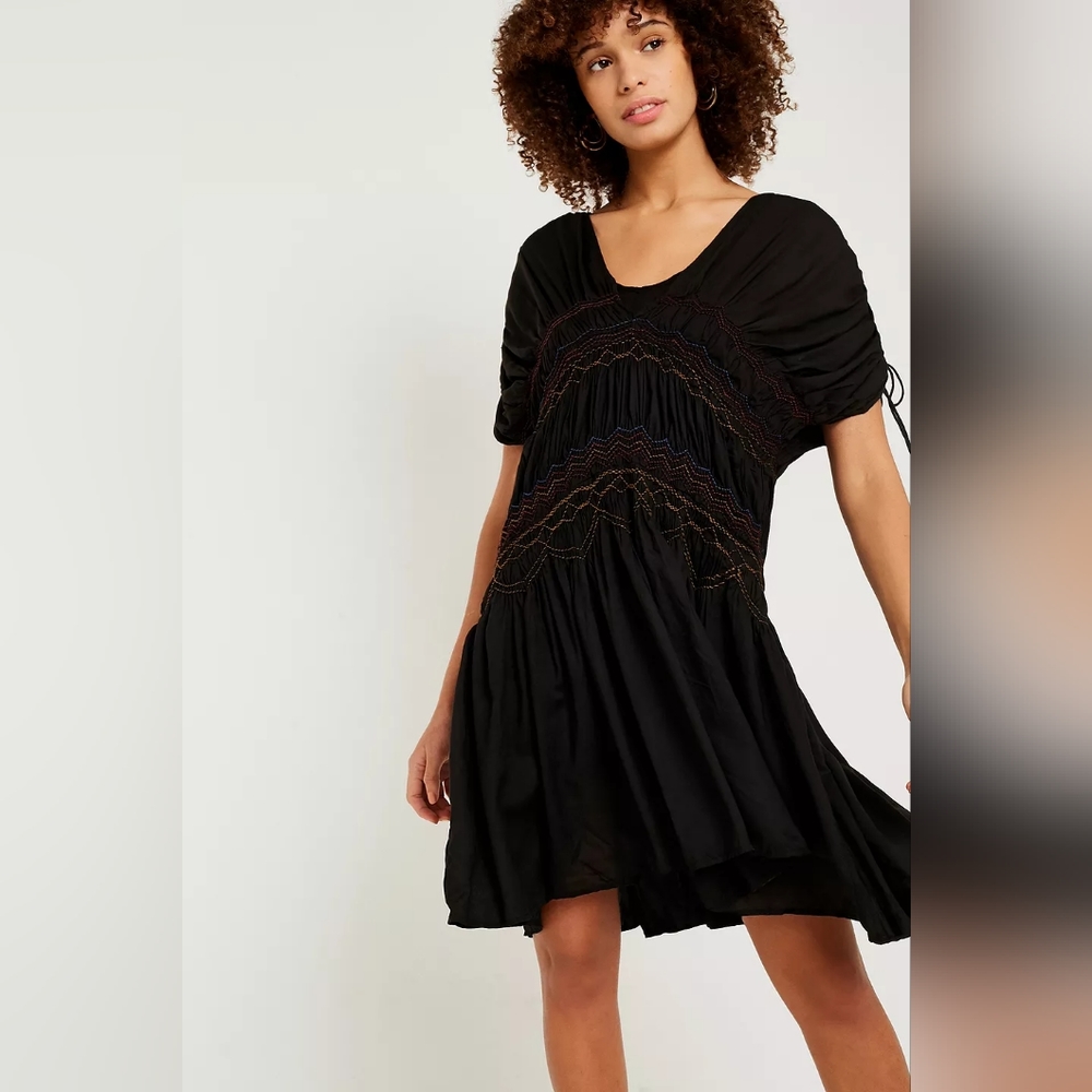 Free People Embroidered Smocked Black Dress Short Sleeve Small